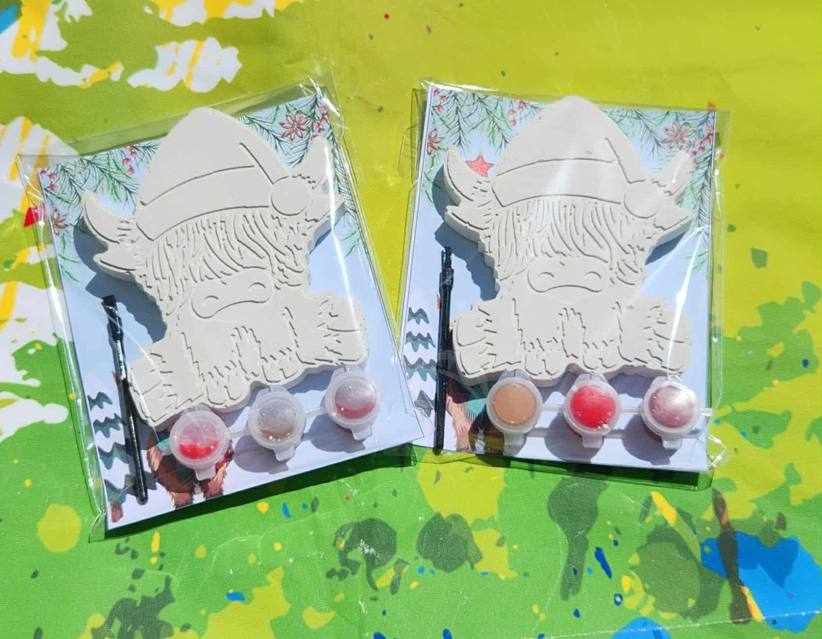 Christmas Highland Cow Plaster Painting Kit | Craft for Kids | Non-Toxic Paint Kit | Farm Animal Party Favor | Christmas Classroom Activity