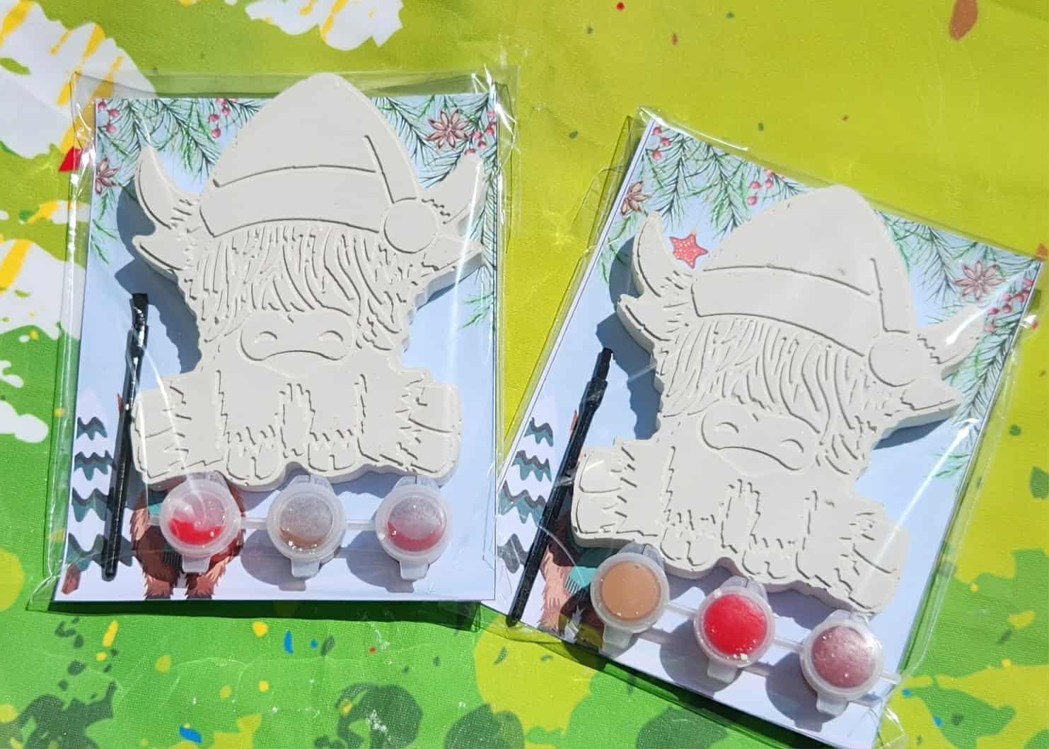 Christmas Highland Cow Plaster Painting Kit | Craft for Kids | Non-Toxic Paint Kit | Farm Animal Party Favor | Christmas Classroom Activity