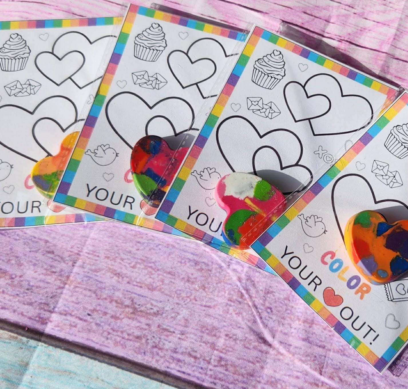 Valentine’s Day Favors for Kids | Valentine Cards with Heart Crayons | Kids Valentine Coloring Cards | Classroom Valentines | Party Favor