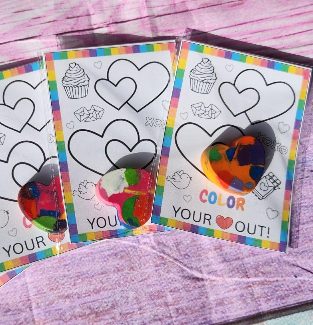 Valentine’s Day Favors for Kids | Valentine Cards with Heart Crayons | Kids Valentine Coloring Cards | Classroom Valentines | Party Favor